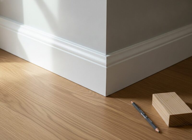 Detail van twee witte plinten die in verstek op elkaar aansluiten in een binnenhoek boven een houten vloer