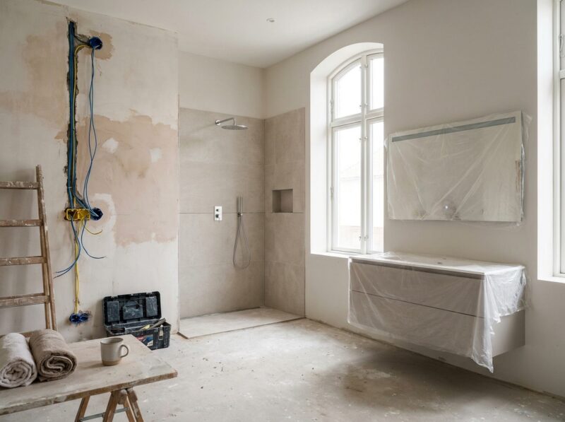 Elektra in de badkamer: welke zone wat toestaat Badkamer met inloopdouche, wastafel en spiegelverlichting aan de wand