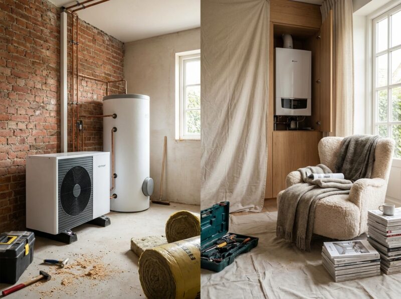 Warmtepomp of hybride ketel: wat past bij welk huis Buitenunit van een warmtepomp tegen de gevel van een naoorlogse woning